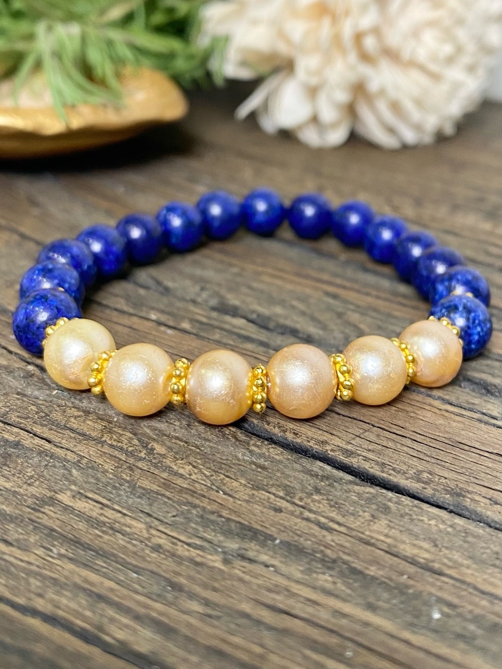 Blue Lapis and Gold Pearl Beaded Bracelet, Stretch Bracelet